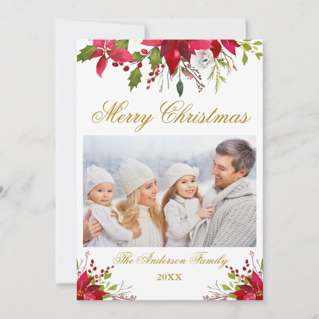 Watercolor Poinsettia Floral Photo Christmas Gold Holiday Card (Front)