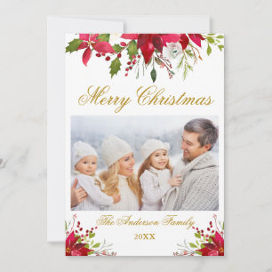 Watercolor Poinsettia Floral Photo Christmas Gold Holiday Card