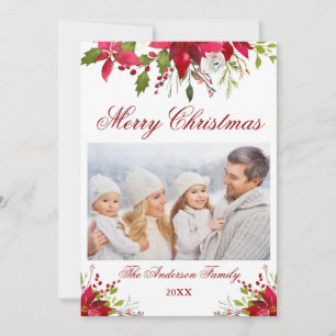 Watercolor Poinsettia Floral Photo Christmas Holiday Card