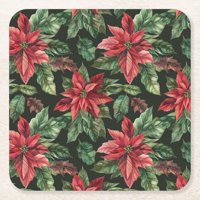  Watercolor Poinsettia flower Christmas  Square Paper Coaster (Front)