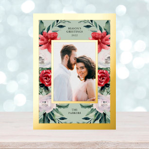 Watercolor Poinsettia Flowers with Photo and Gold Foil Holiday Postcard