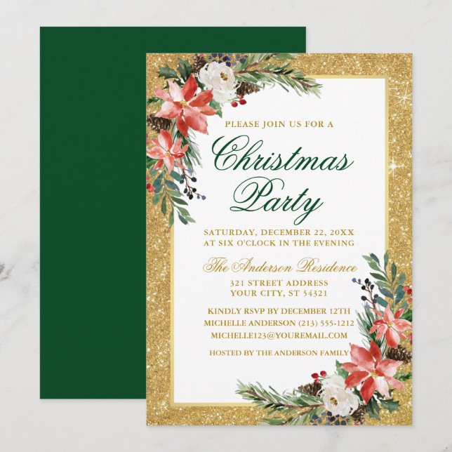 Watercolor Poinsettia Glitter Christmas Party Invitation (Front/Back)