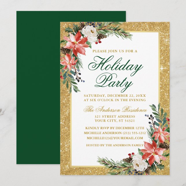 Watercolor Poinsettia Glitter Holiday Party Invitation (Front/Back)
