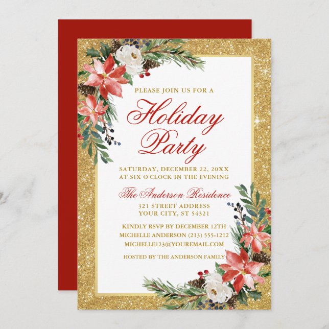 Watercolor Poinsettia Glitter Holiday Party Red Invitation (Front/Back)