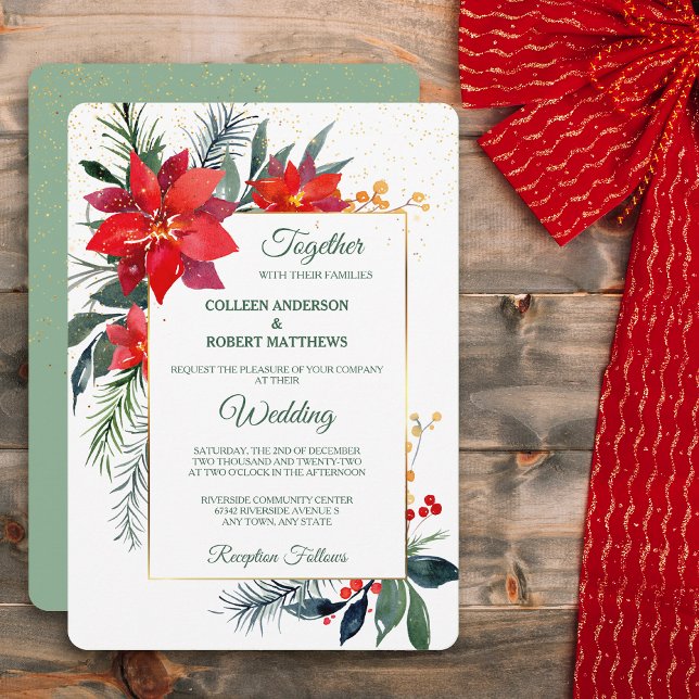 Watercolor Poinsettia Gold Frame Christmas Formal Invitation (Creator Uploaded)