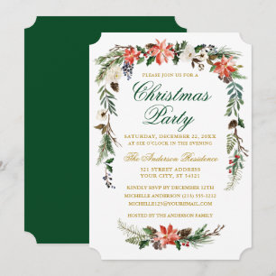 Watercolor Poinsettia Gold Green Christmas Party Invitation