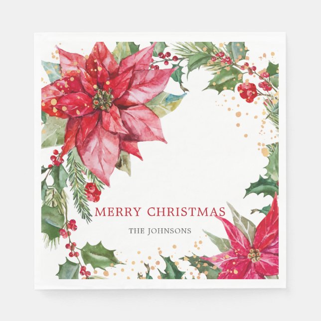 Watercolor Poinsettia Gold Splatter Personalised Napkin (Front)