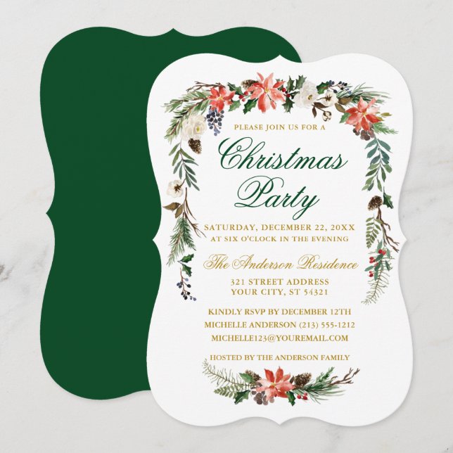 Watercolor Poinsettia Green Gold Christmas Party Invitation (Front/Back)