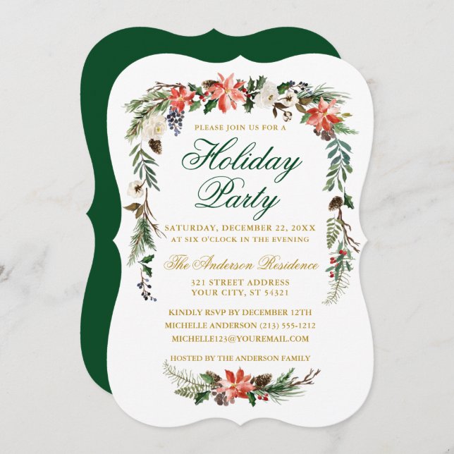 Watercolor Poinsettia Green Gold Holiday Party Invitation (Front/Back)
