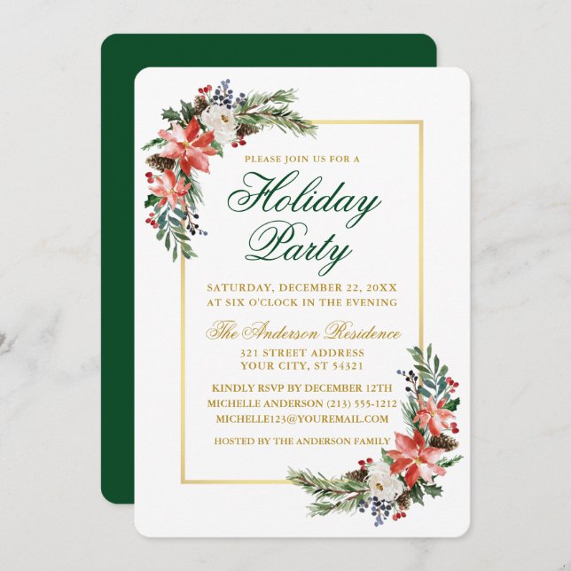 Watercolor Poinsettia Holiday Party Gold Green Invitation (Front/Back)