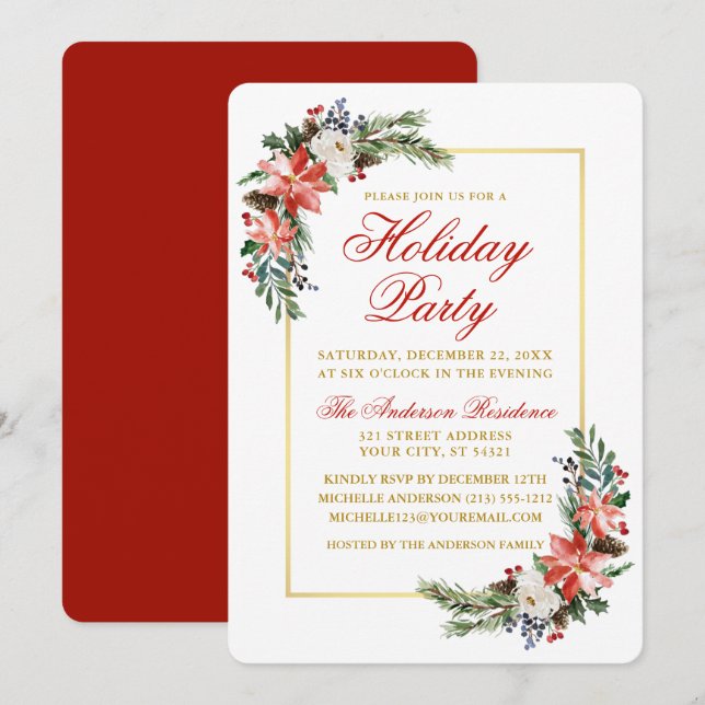 Watercolor Poinsettia Holiday Party Gold Red Invitation (Front/Back)