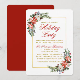 Watercolor Poinsettia Holiday Party Gold Red Invitation