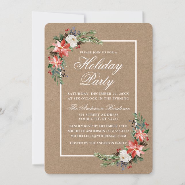 Watercolor Poinsettia Holiday Party Kraft Invitation (Front)