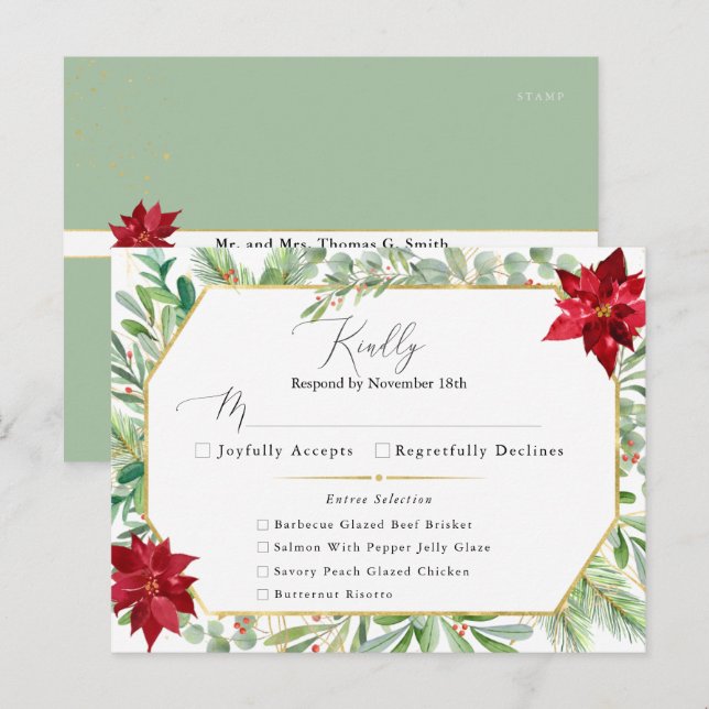 Watercolor Poinsettia Holiday Wedding RSVP Postcard (Front/Back)