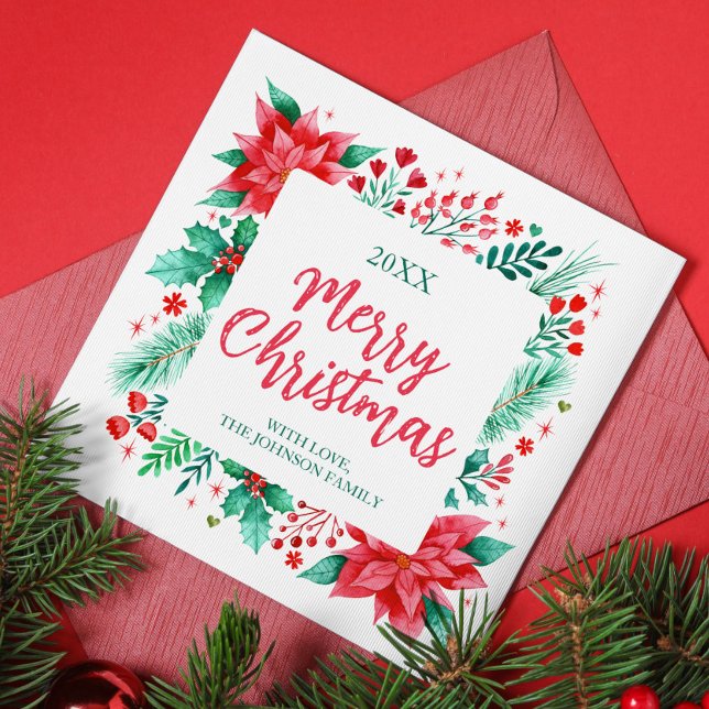 Watercolor Poinsettia, Holly and Pine Christmas Holiday Card (Watercolor Poinsettia, Holly and Pine Christmas Holiday Card)
