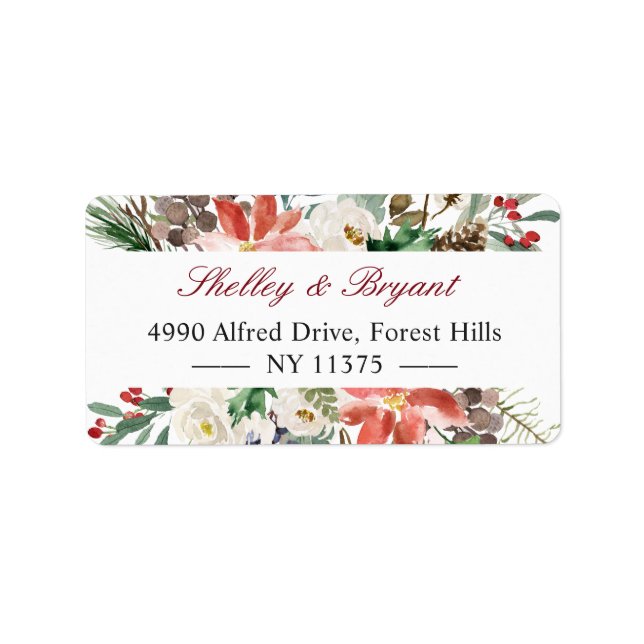 Watercolor Poinsettia Holly Berry Ivory Floral Label (Front)
