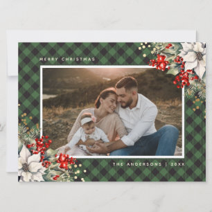 Watercolor Poinsettia Holly Green Photo Christmas Holiday Card