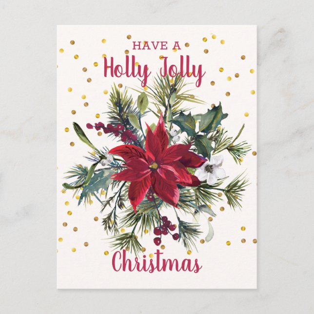 Watercolor Poinsettia, holly, pine Christmas Party Invitation Postcard (Front)