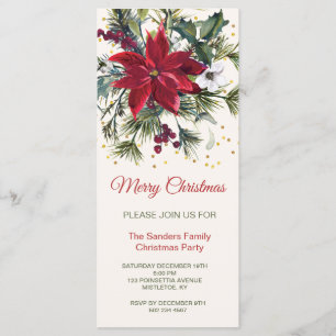 Watercolor Poinsettia, holly, pine Christmas Party Menu