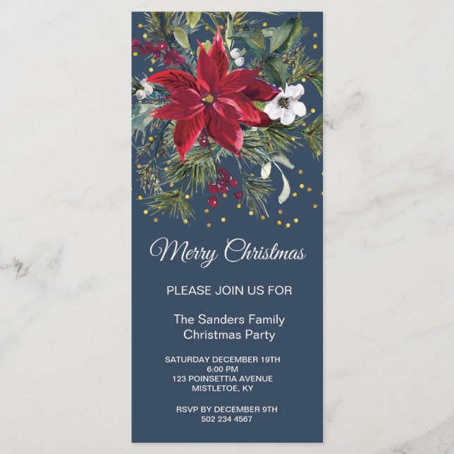 Watercolor Poinsettia, holly, pine Christmas Party Menu (Front)