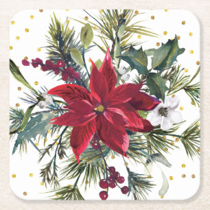 Watercolor Poinsettia, holly, pine Christmas Party Square Paper Coaster