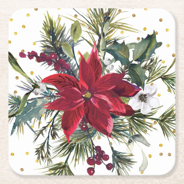 Watercolor Poinsettia, holly, pine Christmas Party Square Paper Coaster (Front)
