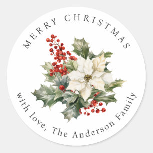Watercolor Poinsettia Holly Red Berries Christmas Classic Round Sticker