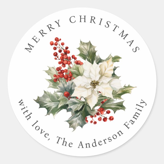Watercolor Poinsettia Holly Red Berries Christmas Classic Round Sticker (Front)