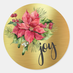 Watercolor Poinsettia - Joy - Gold Foil Background Classic Round Sticker