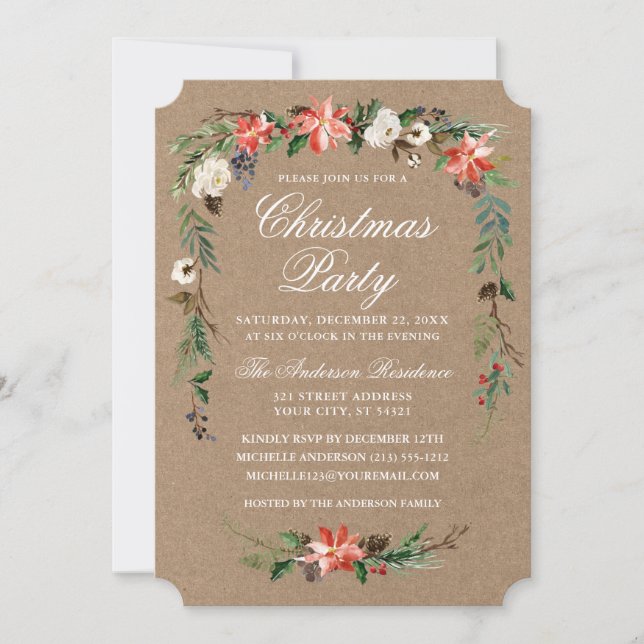 Watercolor Poinsettia Kraft Christmas Party Invitation (Front)