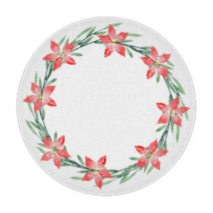 Watercolor Poinsettia Leaves Wreath  Cutting Board
