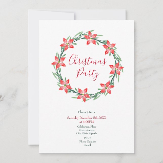 Watercolor Poinsettia Leaves Wreath Invitation (Front)