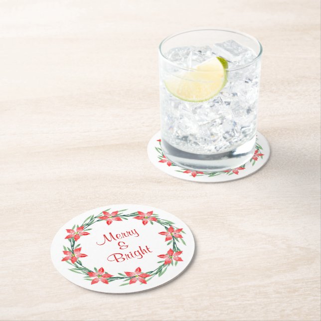 Watercolor Poinsettia Leaves Wreath  Round Paper Coaster (Insitu)