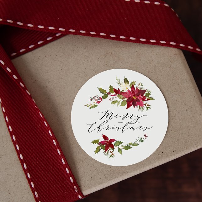 Watercolor Poinsettia Merry Christmas Script Classic Round Sticker (Creator Uploaded)