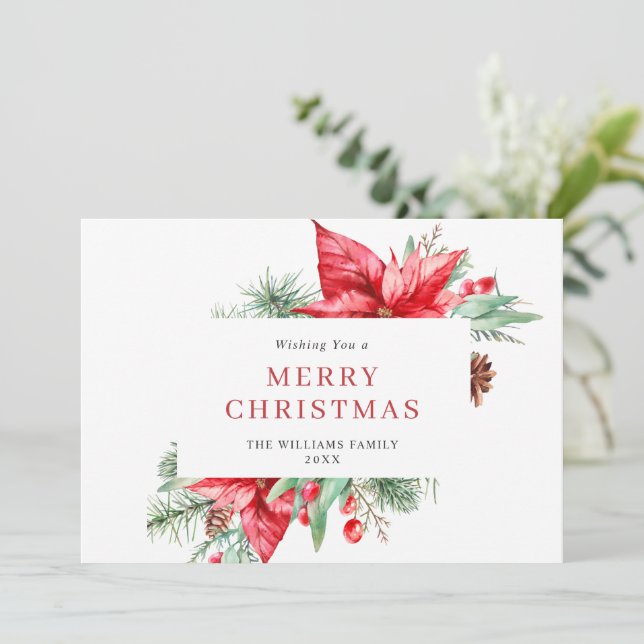 Watercolor Poinsettia Mistletoe Christmas Greeting Holiday Card (Standing Front)