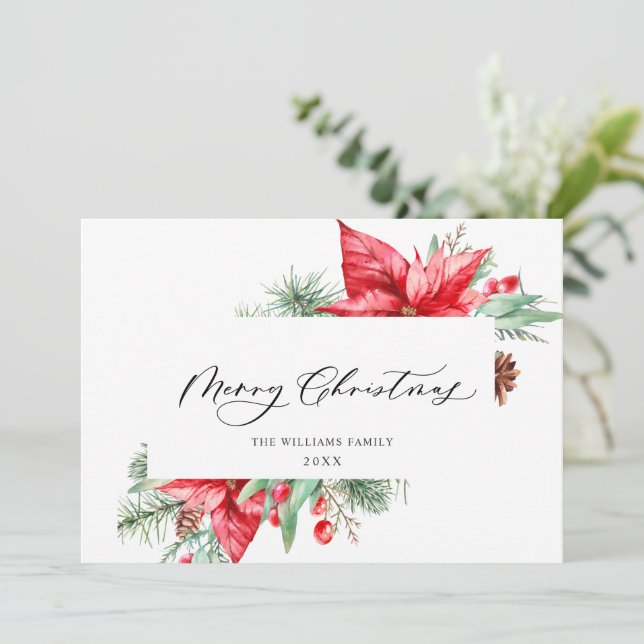 Watercolor Poinsettia Mistletoe Christmas Greeting Holiday Card (Standing Front)