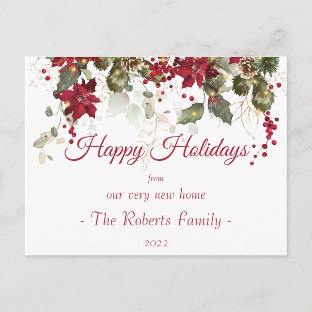 Watercolor Poinsettia New Home Christmas Holiday Postcard (Front)