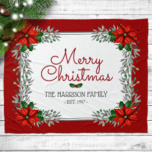 Watercolor Poinsettia Personalised Merry Christmas Fleece Blanket