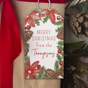 Watercolor Poinsettia & Pine Merry Christmas Gift Tags