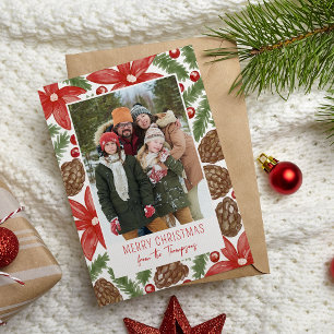 Watercolor Poinsettia & Pine Merry Christmas Photo Holiday Card