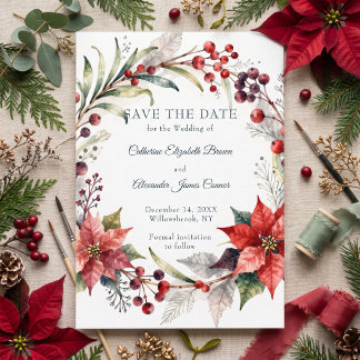 Watercolor Poinsettia Red Berry Winter Wedding Save The Date