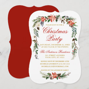 Watercolor Poinsettia Red Gold Christmas Party Invitation