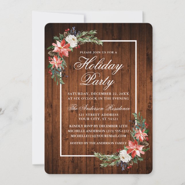 Watercolor Poinsettia Rustic Wood Holiday Party Invitation (Front)