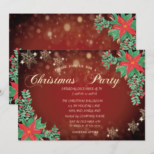 Watercolor Poinsettia Snowflakes Christmas  Invitation (Front/Back)