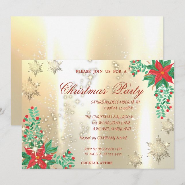 Watercolor Poinsettia Snowflakes Christmas Invitation (Front/Back)