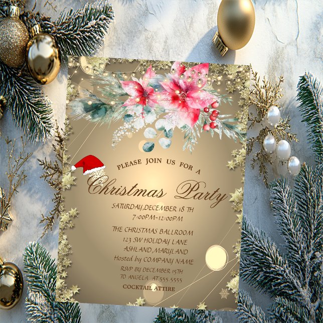 Watercolor Poinsettia,Stars Christmas Company  Invitation (Creator Uploaded)