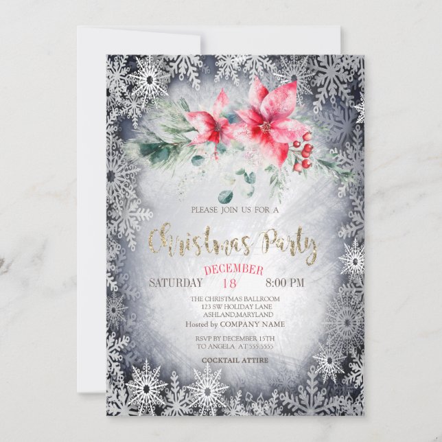 Watercolor Poinsettia Stars Christmas  Invitation (Front)
