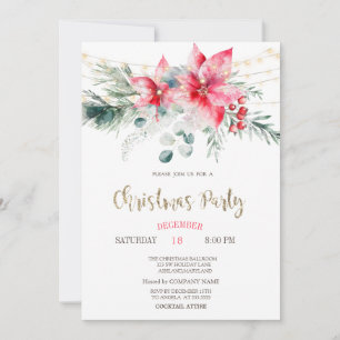 Watercolor Poinsettia Stars Lights Christmas  Invitation