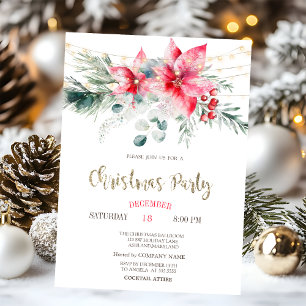 Watercolor Poinsettia Stars Lights Christmas Invitation