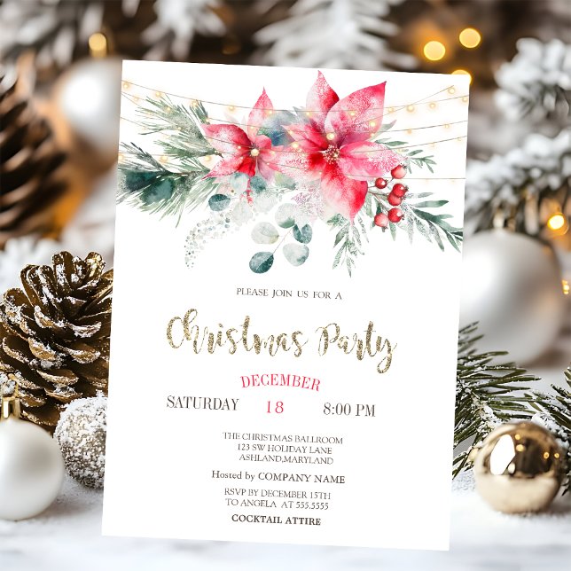 Watercolor Poinsettia Stars Lights Christmas  Invitation (Creator Uploaded)